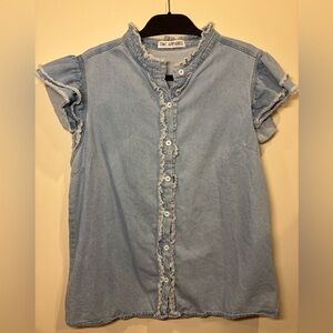 Washed Ruffle Trim Flutter Sleeve Blouse